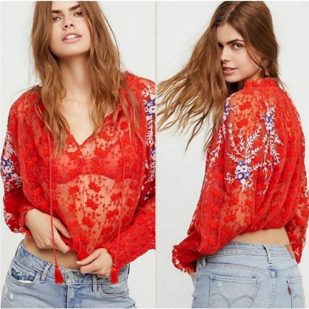 Free People Red Jubilee Lace Cropped Top Medium